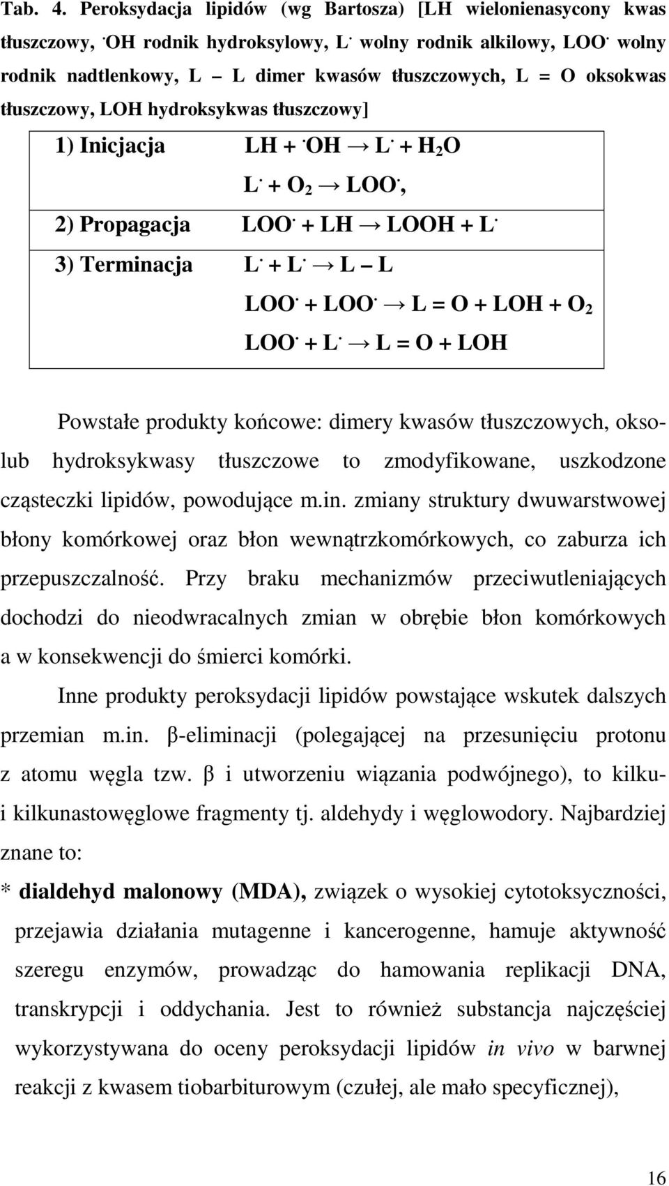 3) Terminacja L. + L. L L LOO. + LOO. L = O + LOH + O 2 LOO. + L. L = O + LOH Powstałe produkty końcowe: dimery kwasów tłuszczowych, oksolub hydroksykwasy tłuszczowe to zmodyfikowane, uszkodzone cząsteczki lipidów, powodujące m.