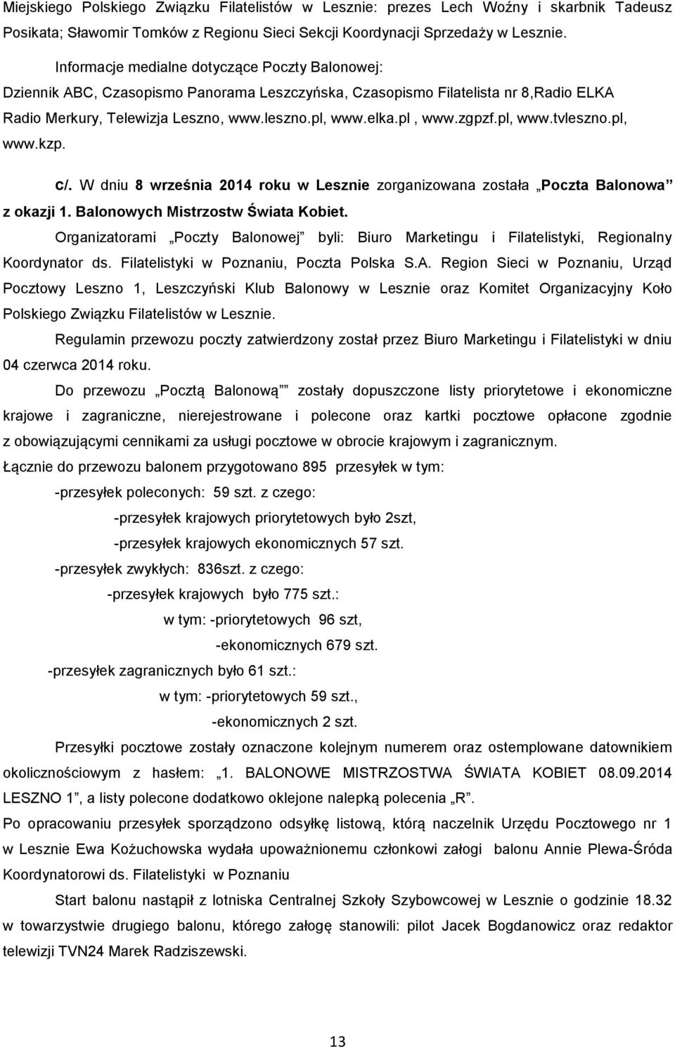 pl, www.tvleszno.pl, www.kzp. c/. W dniu 8 września 2014 roku w Lesznie zorganizowana została Poczta Balonowa z okazji 1. Balonowych Mistrzostw Świata Kobiet.