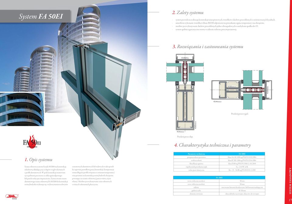 przeciwpożarowej. Przekrój przez rygiel. Przekrój przez słup. Ściana osłonowa systemu Fasada 50 EI60 ma konstrukcję szkieletową składającą się ze słupów i rygli wykonanych z profili aluminiowych.