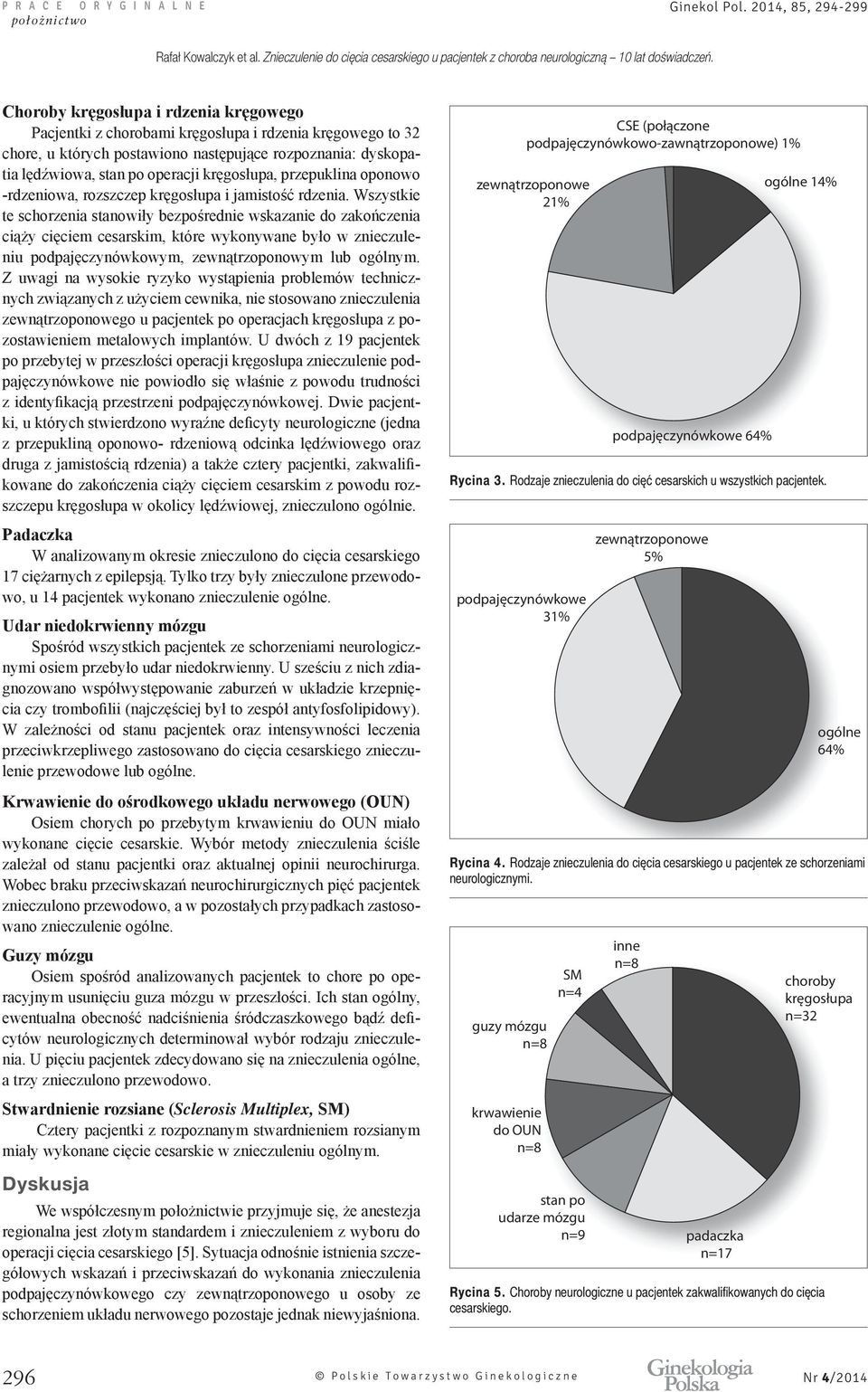 podpajęczynówkowe 31% zewnątrzoponowe 5% ogólne 64% Rycina 4. Rodzaje znieczulenia do cięcia cesarskiego u pacjentek ze schorzeniami neurologicznymi.