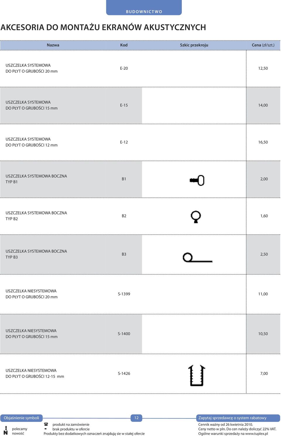 GRUBOŚCI 12 mm E-12 16,50 USZCZELKA SYSTEMOWA BOCZNA TYP B1 B1 2,00 USZCZELKA SYSTEMOWA BOCZNA TYP B2 B2 1,60 USZCZELKA SYSTEMOWA BOCZNA TYP B3 B3