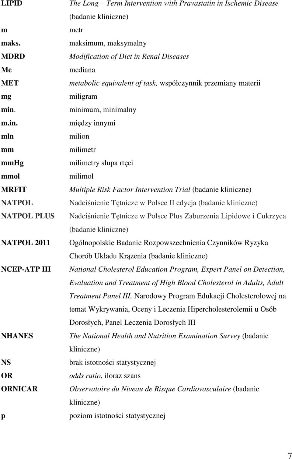 maksymalny Modification of Diet in Renal Diseases mediana metabolic equivalent of task, współczynnik przemiany materii miligram minimum, minimalny między innymi milion milimetr milimetry słupa rtęci