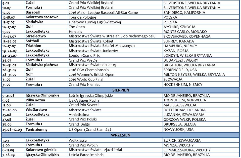 07 Golf The Open AYSHIRE, SZKOCJA 15.07 Lekkoatletyka Herculis MONTE CARLO, MONAKO 15 23.07 Strzelectwo Mistrzostwa Świata w strzelaniu do ruchomego celu SKOVSHOVED, KOPENHAGA 15 24.