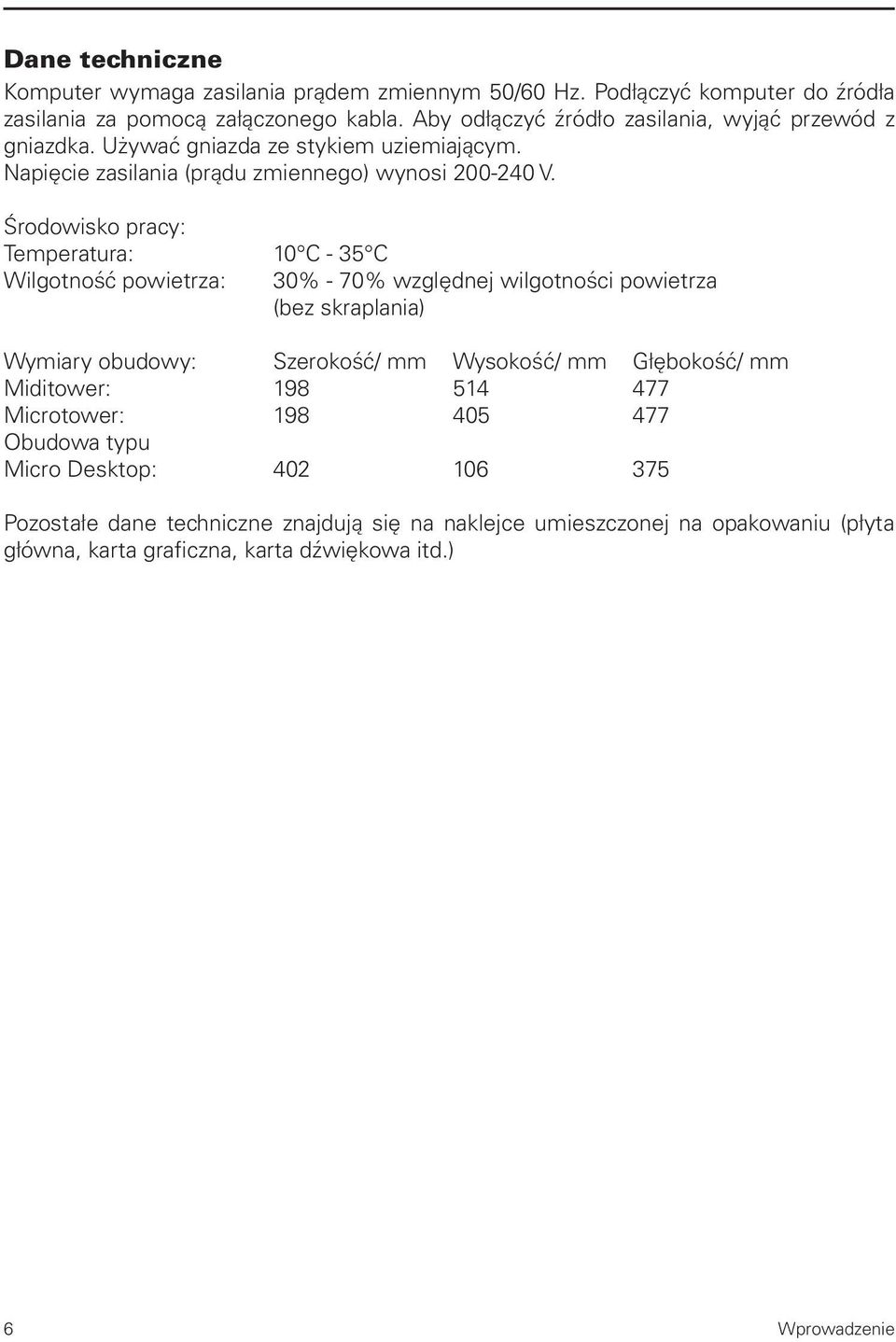 Środowisko pracy: Temperatura: 10 C - 35 C Wilgotność powietrza: 30% - 70% względnej wilgotności powietrza (bez skraplania) Wymiary obudowy: Szerokość/ mm Wysokość/ mm