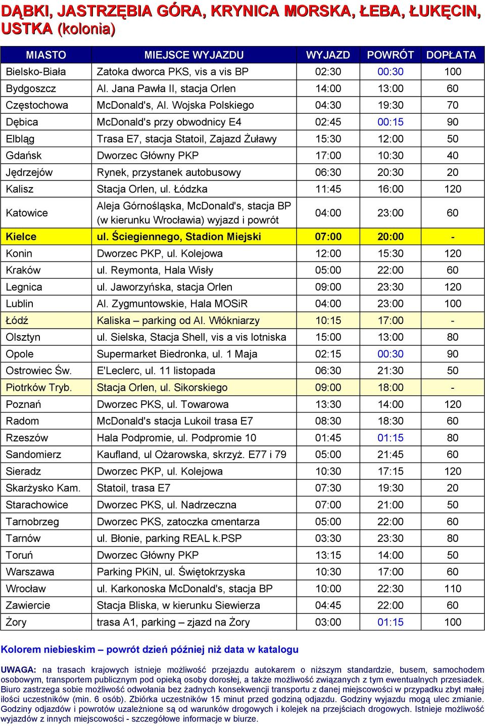 Wojska Polskiego 04:30 19:30 70 Dębica McDonald's przy obwodnicy E4 02:45 00:15 90 Elbląg Trasa E7, stacja Statoil, Zajazd Żuławy 15:30 12:00 50 Gdańsk Dworzec Główny PKP 17:00 10:30 40 Jędrzejów