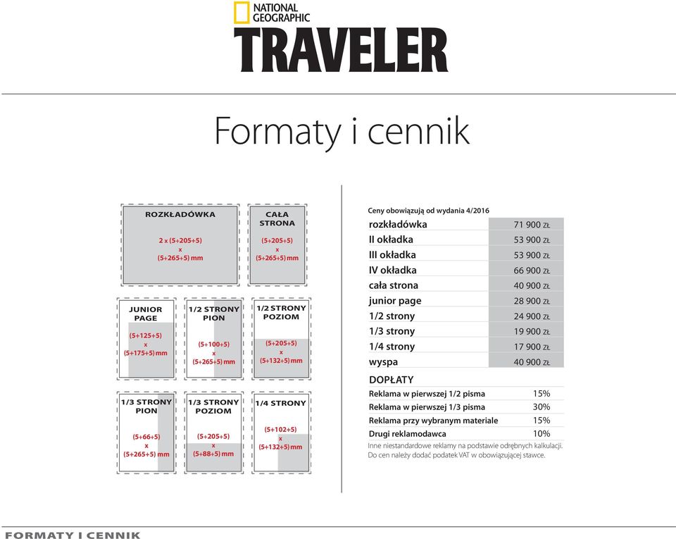 okładka cała strona junior page 71 900 zł 53 900 zł 53 900 zł 66 900 zł 40 900 zł 28 900 zł 1/2 strony 24 900 zł 1/3 strony 19 900 zł 1/4 strony 17 900 zł wyspa DOPŁATY 40 900 zł Reklama w pierwszej