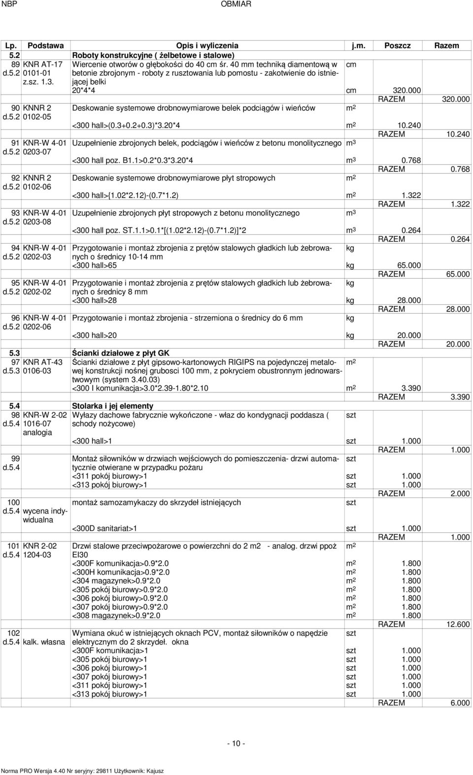 5.2 0202-03 95 KNR-W 4-01 d.5.2 0202-02 96 KNR-W 4-01 d.5.2 0202-06 Deskowanie systeowe drobnowyiarowe belek podciągów i wieńców RAZEM 320.000 <300 hall>(0.3+0.2+0.3)*3.20*4 10.240 RAZEM 10.