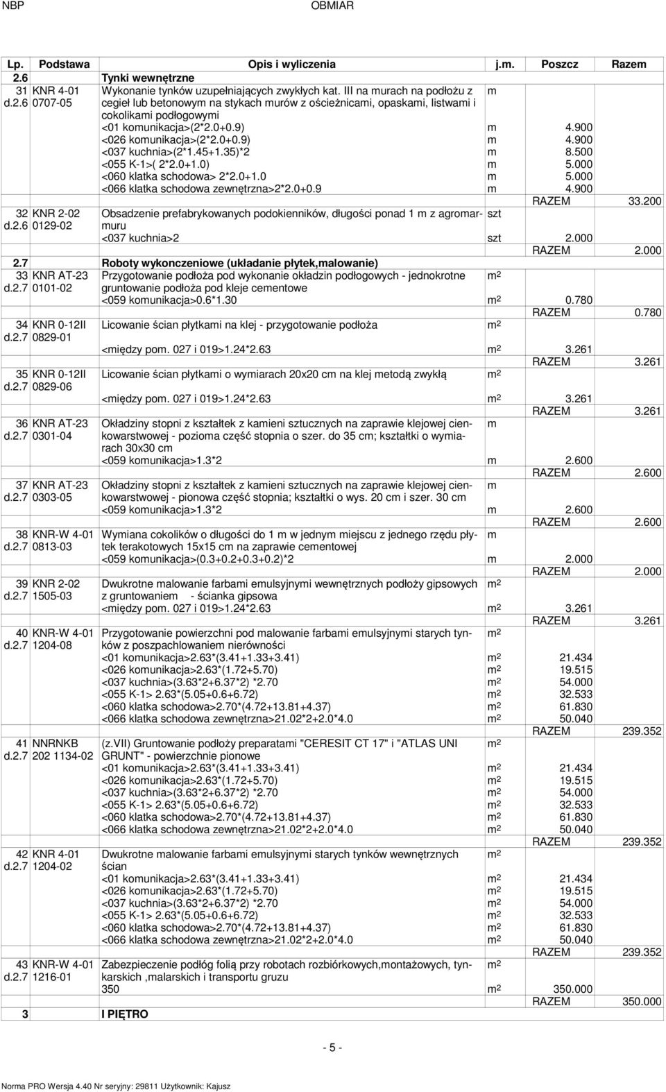 900 RAZEM 33.200 32 KNR 2-02 Obsadzenie prefabrykowanych podokienników, długości ponad 1 z agroaruru d.2.6 0129-02 <037 kuchnia>2 2.000 RAZEM 2.000 2.