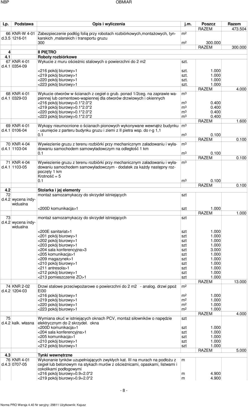 1.000 68 KNR 4-01 d.4.1 0329-03 69 KNR 4-01 d.4.1 0106-04 70 KNR 4-04 d.4.1 1103-04 71 KNR 4-04 d.4.1 1103-05 RAZEM 4.000 Wykucie otworów w ścianach z cegieł o grub. ponad 1/2ceg.