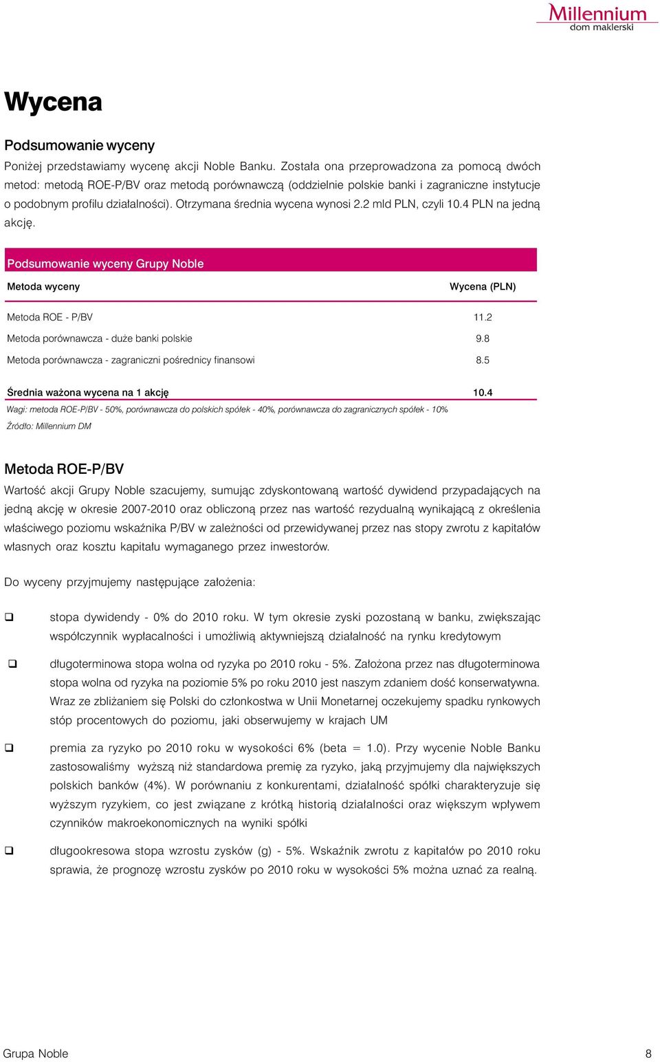 Otrzymana średnia wycena wynosi 2.2 mld PLN, czyli 10.4 PLN na jedną akcję. Podsumowanie wyceny Grupy Noble Metoda wyceny Wycena (PLN) Metoda ROE - P/BV 11.2 Metoda porównawcza - du e banki polskie 9.