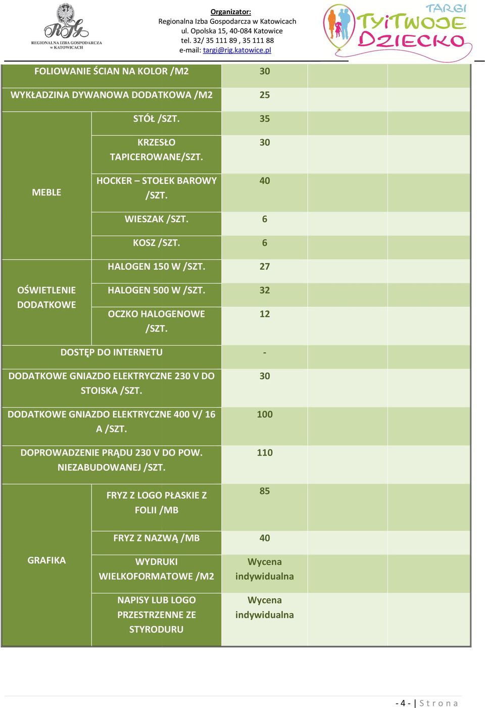 DOSTĘP DO INTERNETU - DODATKOWE GNIAZDO ELEKTRYCZNE 230 V DO 30 STOISKA /SZT. DODATKOWE GNIAZDO ELEKTRYCZNE 400 V/ 16 100 A /SZT. DOPROWADZENIE PRĄDU 230 V DO POW.