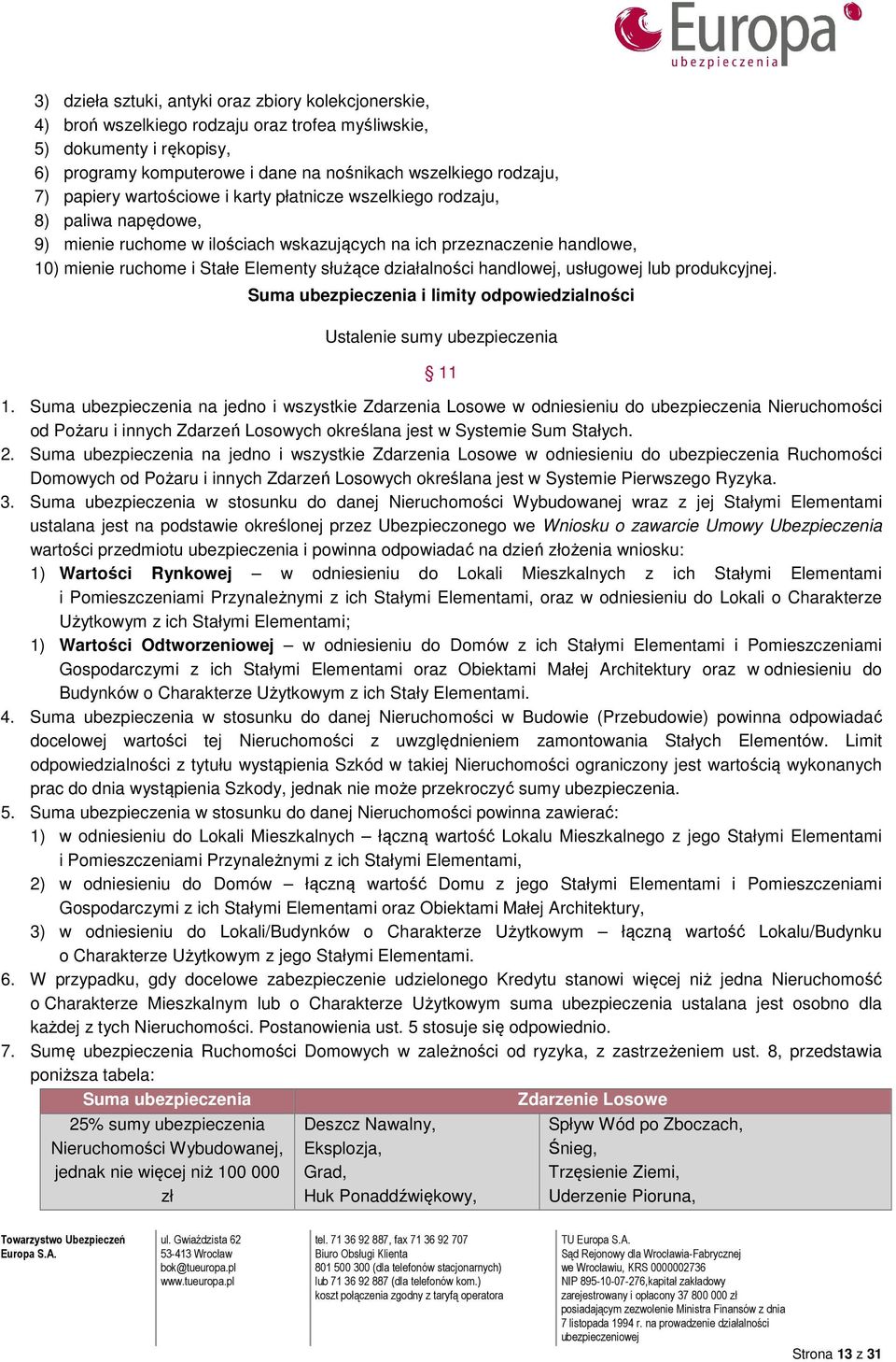 działalności handlowej, usługowej lub produkcyjnej. Suma ubezpieczenia i limity odpowiedzialności Ustalenie sumy ubezpieczenia 11 1.