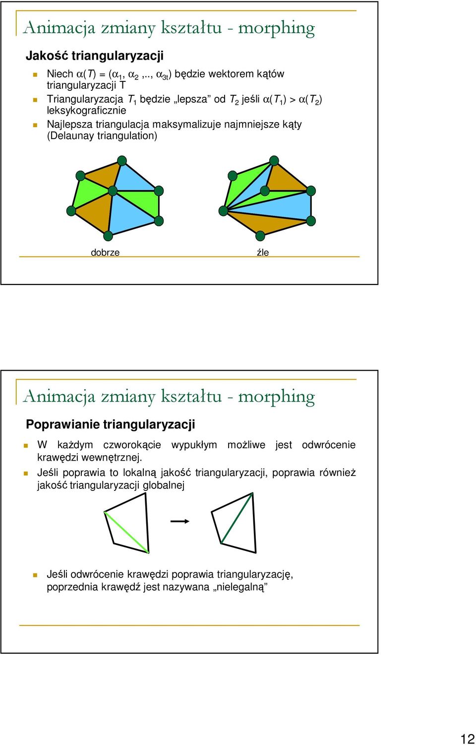 triangulacja maksymalizuje najmniejsze kąty (Delaunay triangulation) dobrze źle Poprawianie triangularyzacji W kaŝdym czworokącie wypukłym