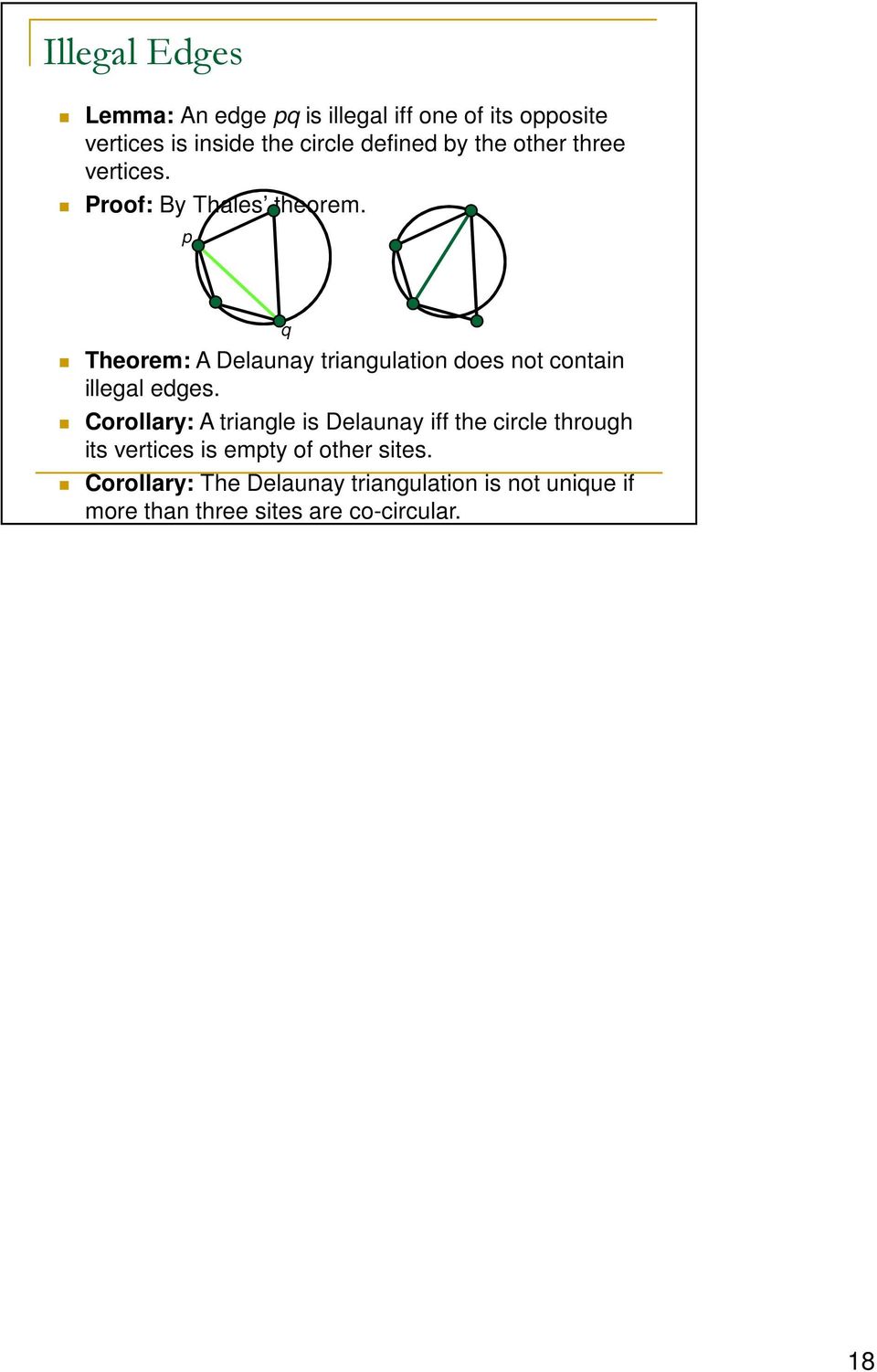 p q Theorem: A Delaunay triangulation does not contain illegal edges.