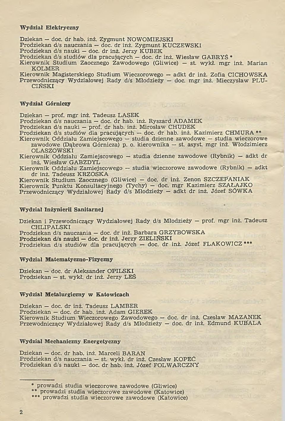 Zofia CICHOWSKA Przew odniczący W ydziałowej Rady d/s Młodzieży doc. m gr inż. M ieczysław PLU CIŃSKI Wydział Górniczy Dziekan prof. m gr inż. Tadeusz LASEK Prodziekan d/s nauczania doc. d r hab. inż. Ryszard ADAMEK Prodziekan d/s nauki prof.