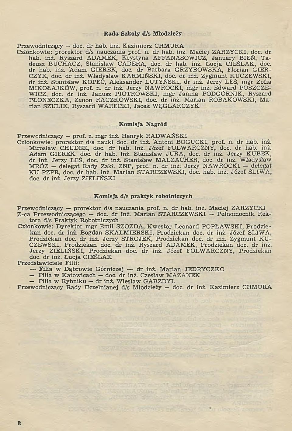 Stanisław KOPEĆ, A leksander LUTYŃSKI, dr inż. Jerzy LEŚ, m gr Zofia MIKOŁAJKÓW, prof. n. dr inż. Jerzy NAWROCKI, m gr inż. Edw ard PUSZCZE- WICZ, doc. dr inż. Janusz PIOTROW SKI, m gr Ja n in a PODGÓRNIK, Ryszard PŁONECZKA, Zenon RACZKOWSKI, doc.