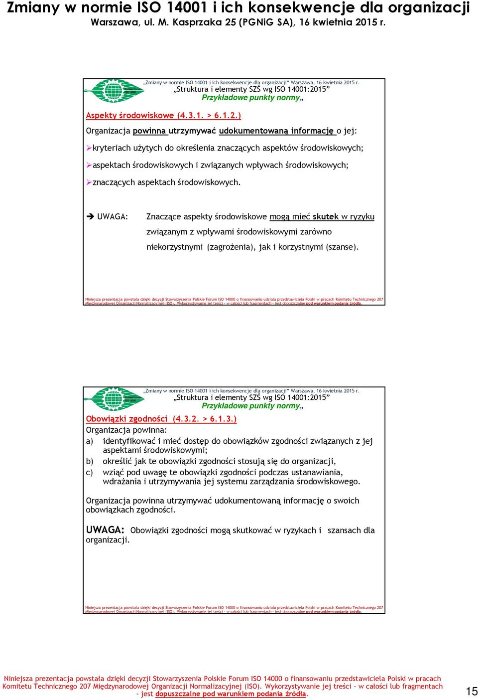znaczących aspektach środowiskowych. UWAGA: Znaczące aspekty środowiskowe mogą mieć skutek w ryzyku związanym z wpływami środowiskowymi zarówno niekorzystnymi (zagrożenia), jak i korzystnymi (szanse).