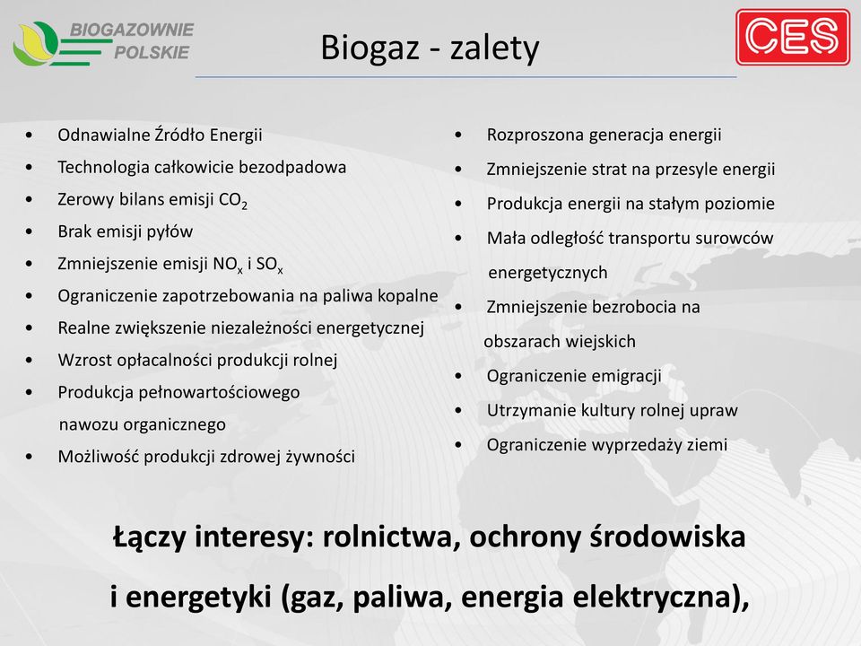 Rozproszona generacja energii Zmniejszenie strat na przesyle energii Produkcja energii na stałym poziomie Mała odległość transportu surowców energetycznych Zmniejszenie bezrobocia na