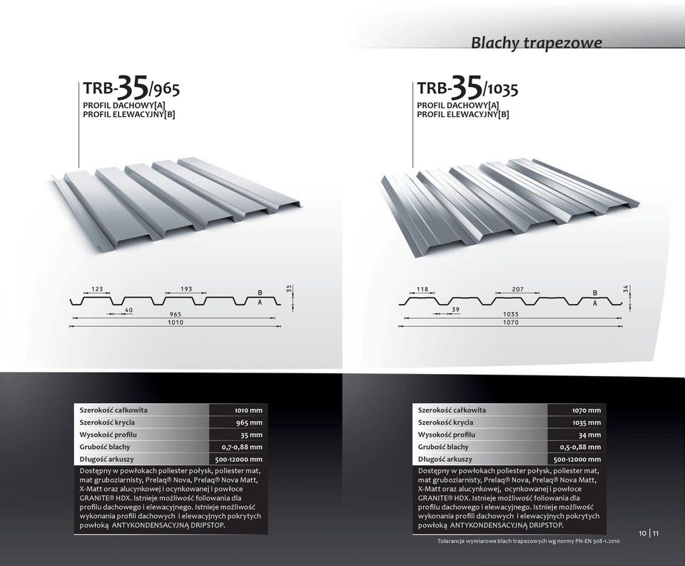 1070 mm 1035 mm 34 mm 0,5-0,88 mm X-Matt oraz alucynkowej, ocynkowanej i powłoce profilu dachowego i  Tolerancje wymiarowe blach