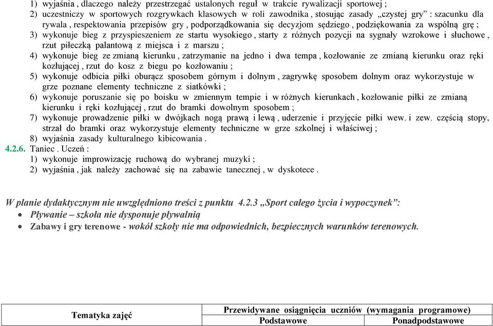 sygnały wzrokowe i słuchowe, rzut piłeczką palantową z miejsca i z marszu ; 4) wykonuje bieg ze zmianą kierunku, zatrzymanie na jedno i dwa tempa, kozłowanie ze zmianą kierunku oraz ręki kozłującej,