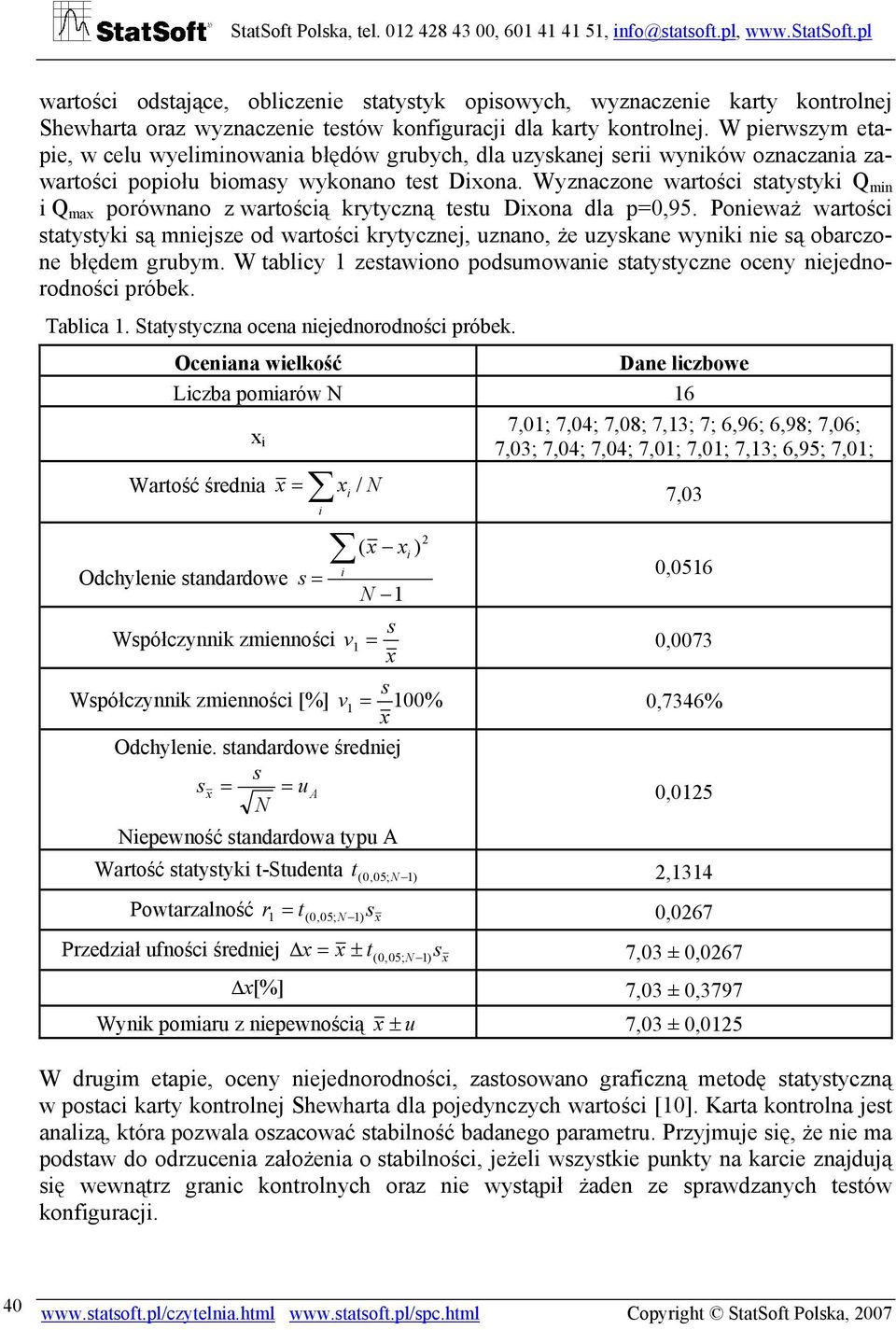 Wyznaczone wartości statystyki Q min i Q ma porównano z wartością krytyczną testu Diona dla p=0,95.