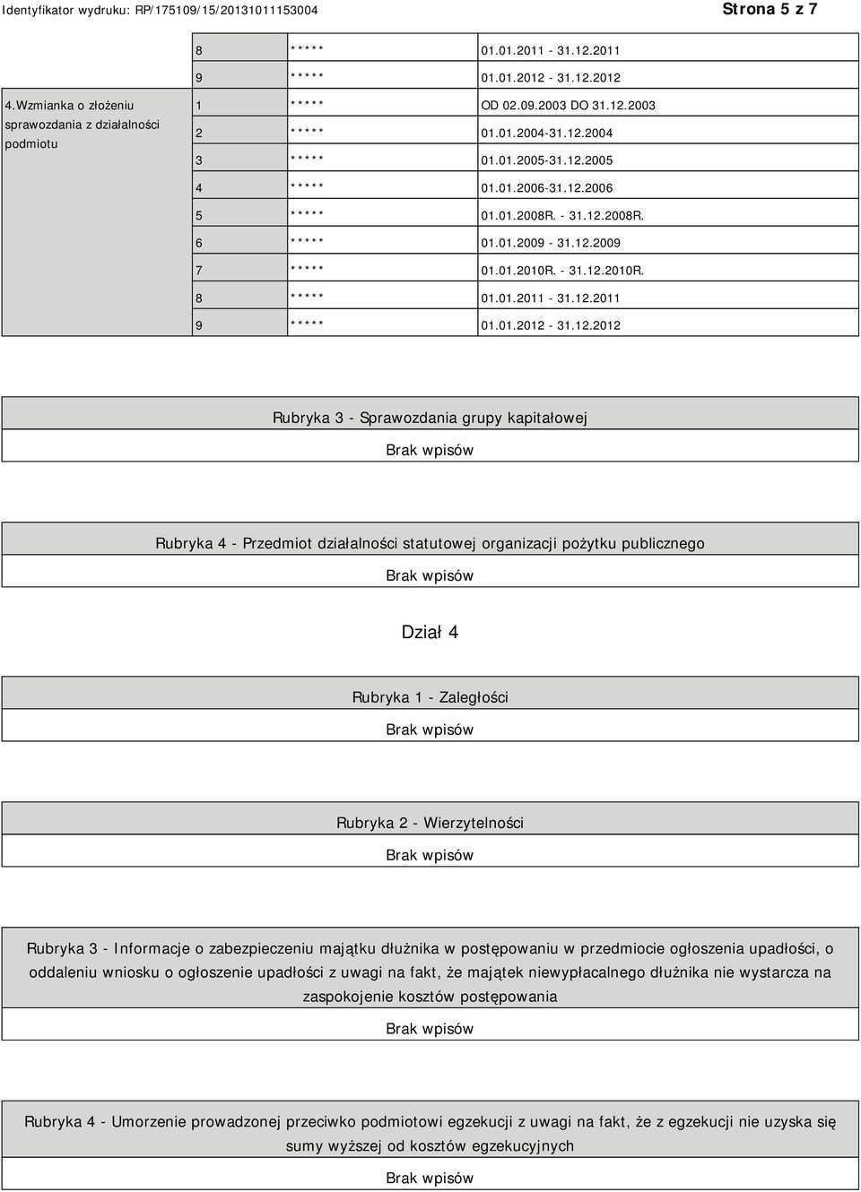 12.2012 Rubryka 3 - Sprawozdania grupy kapitałowej Rubryka 4 - Przedmiot działalności statutowej organizacji pożytku publicznego Dział 4 Rubryka 1 - Zaległości Rubryka 2 - Wierzytelności Rubryka 3 -