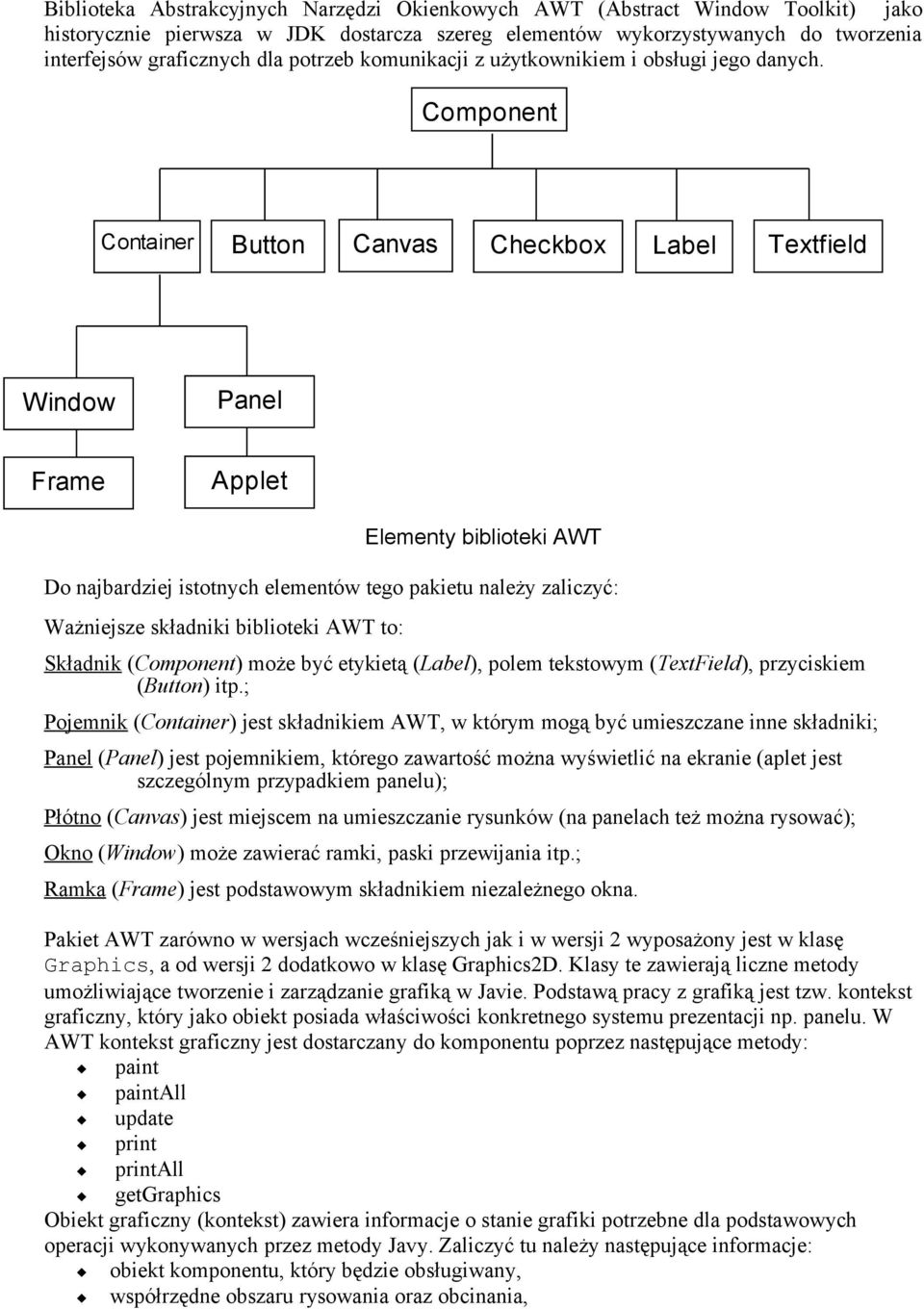 Component Container Button Canvas Checkbox Label Textfield Window Panel Frame Applet Elementy biblioteki AWT Do najbardziej istotnych elementów tego pakietu należy zaliczyć: Ważniejsze składniki