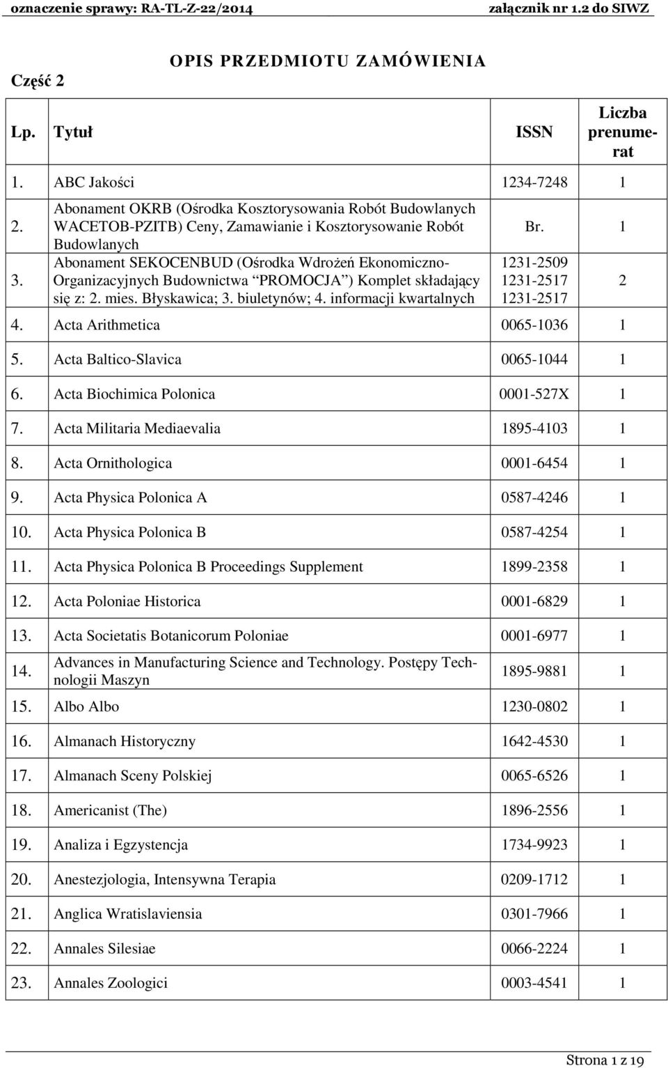 Budownictwa PROMOCJA ) Komplet składający się z: 2. mies. Błyskawica; 3. biuletynów; 4. informacji kwartalnych Br. 1 1231-2509 1231-2517 1231-2517 4. Acta Arithmetica 0065-1036 1 5.