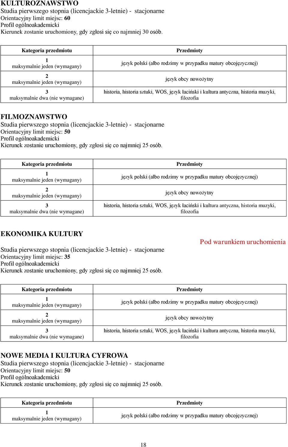 (licencjackie -letnie) - stacjonarne Orientacyjny limit miejsc: 50 Profil ogólnoakademicki Kierunek zostanie uruchomiony, gdy zgłosi się co najmniej 5 osób.