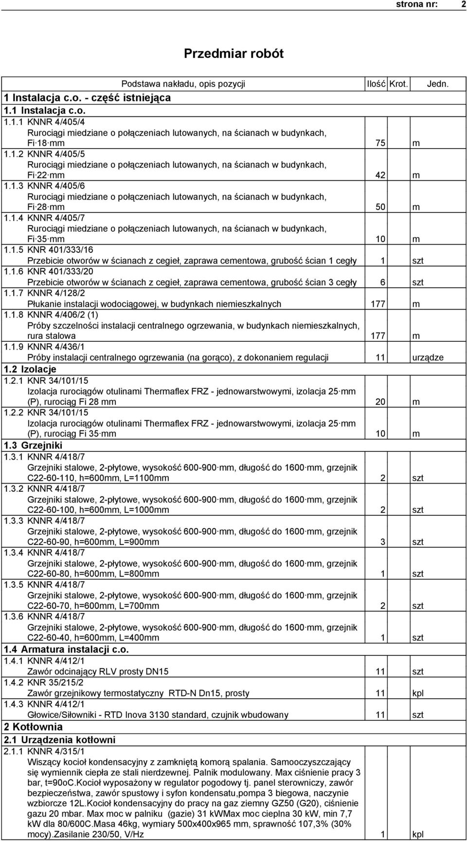 1.4 KNNR 4/405/7 Rurociągi miedziane o połączeniach lutowanych, na ścianach w budynkach, Fi 35 mm 10 m 1.1.5 KNR 401/333/16 Przebicie otworów w ścianach z cegieł, zaprawa cementowa, grubość ścian 1 cegły 1 szt 1.