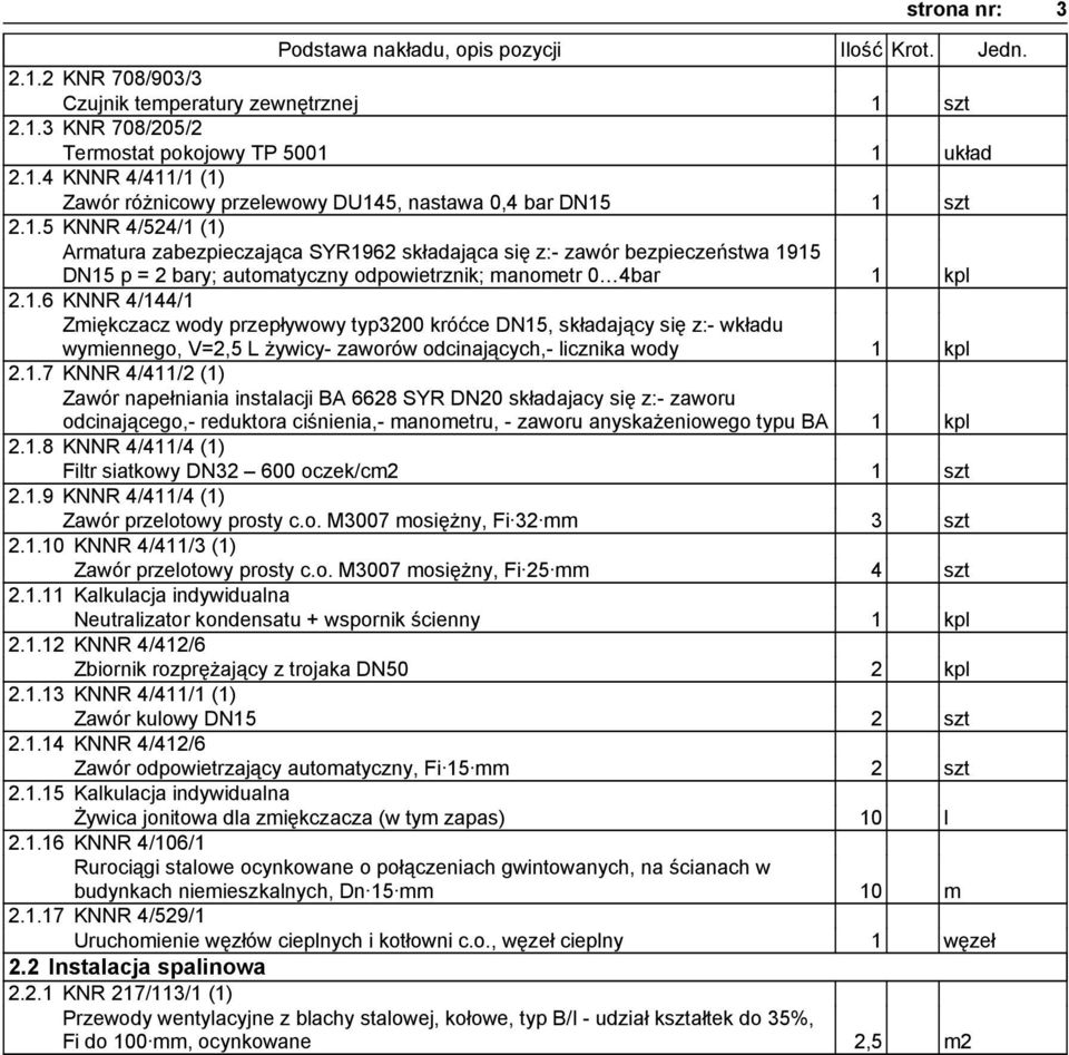 1.7 KNNR 4/411/2 (1) Zawór napełniania instalacji BA 6628 SYR DN20 składajacy się z:- zaworu odcinającego,- reduktora ciśnienia,- manometru, - zaworu anyskażeniowego typu BA 1 kpl 2.1.8 KNNR 4/411/4 (1) Filtr siatkowy DN32 600 oczek/cm2 1 szt 2.