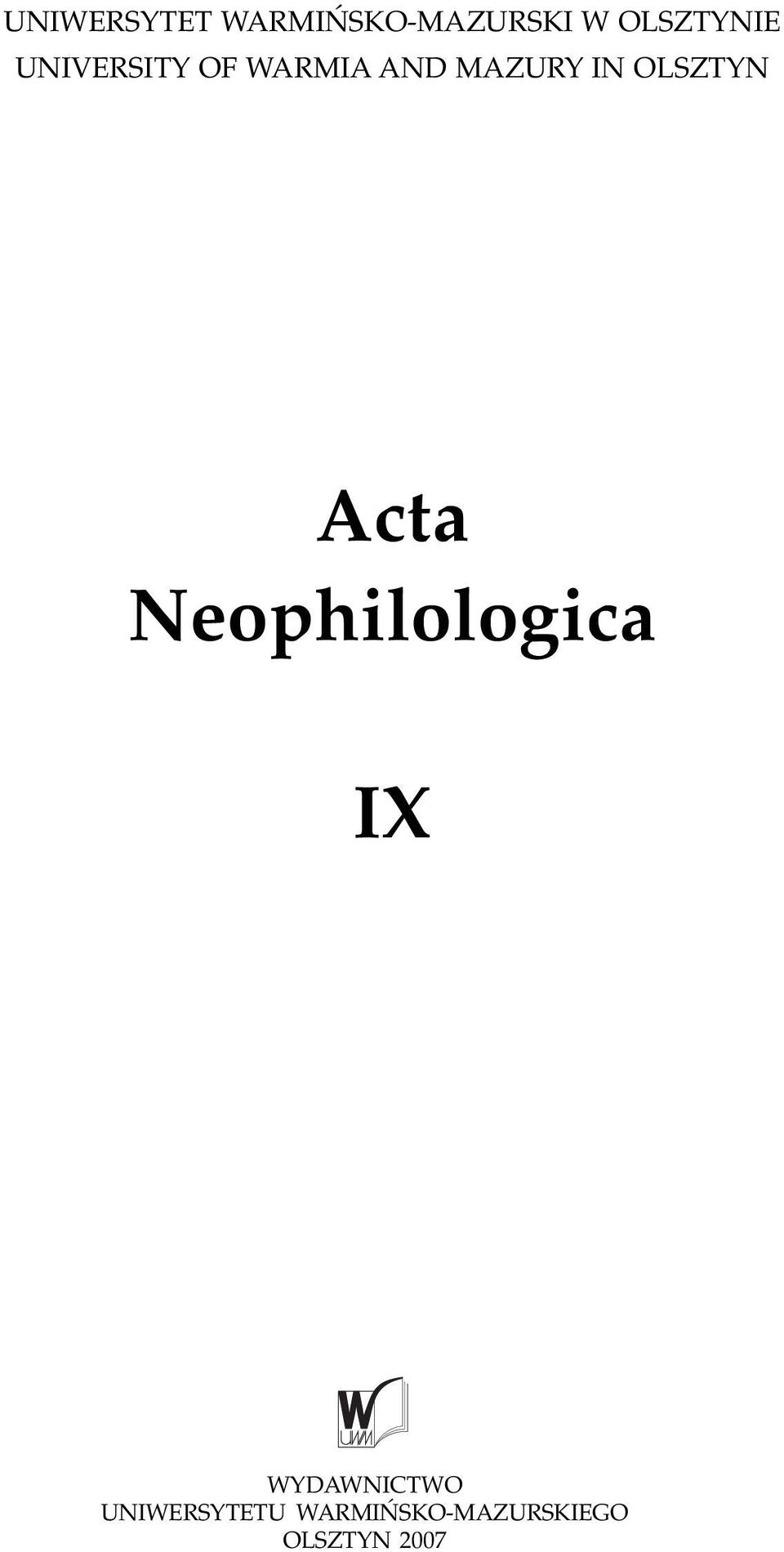 IN OLSZTYN Acta Neophilologica IX
