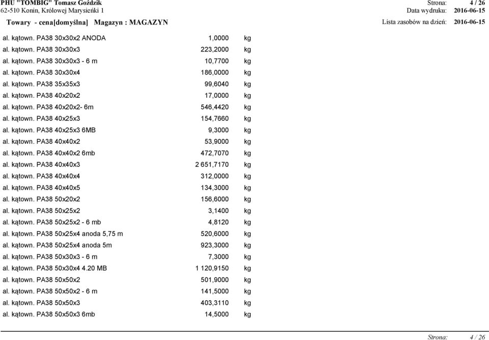 kątown. PA38 40x40x2 53,9000 kg al. kątown. PA38 40x40x2 6mb 472,7070 kg al. kątown. PA38 40x40x3 2 651,7170 kg al. kątown. PA38 40x40x4 312,0000 kg al. kątown. PA38 40x40x5 134,3000 kg al. kątown. PA38 50x20x2 156,6000 kg al.