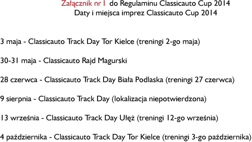 Podlaska (treningi 27 czerwca) 9 sierpnia - Classicauto Track Day (lokalizacja niepotwierdzona) 13 września -