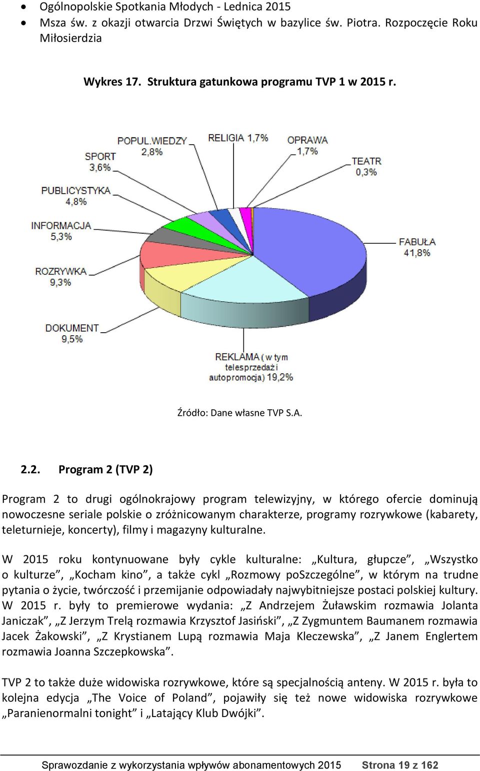 2. Program 2 (TVP 2) Program 2 to drugi ogólnokrajowy program telewizyjny, w którego ofercie dominują nowoczesne seriale polskie o zróżnicowanym charakterze, programy rozrywkowe (kabarety,