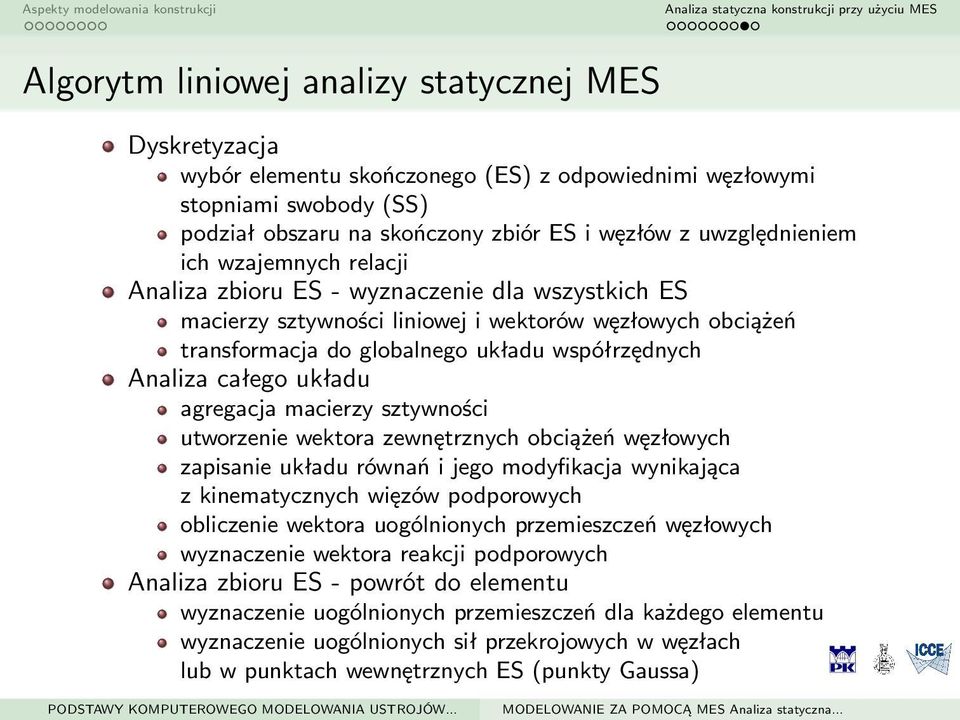 układu agregacja macierzy sztywności utworzenie wektora zewnętrznych obciążeń węzłowych zapisanie układu równań i jego modyfikacja wynikająca z kinematycznych więzów podporowych obliczenie wektora