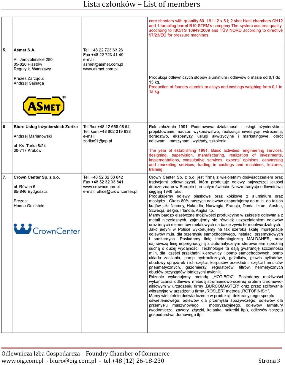 pl www.asmet.com.pl Produkcja odlewniczych stopów aluminium i odlewów o masie od 0,1 do 15 kg. Production of foundry aluminium alloys and castings weighing from 0,1 to 15 kg. Andrzej Sajnaga 6.