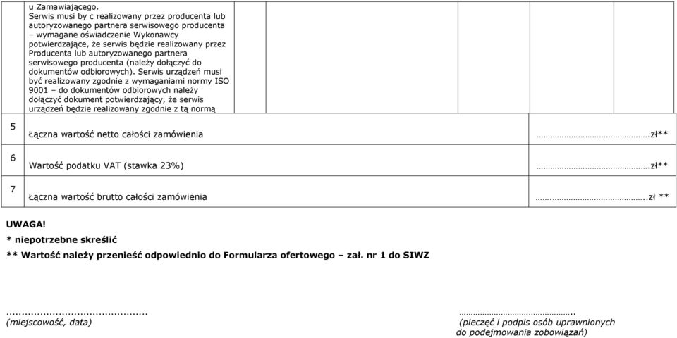 autoryzowanego partnera serwisowego producenta (należy dołączyć do dokumentów odbiorowych).