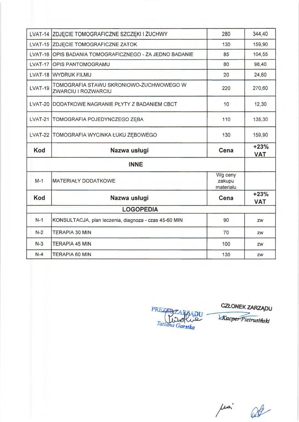 TOMOGRAFIA POJEDYNCZEGO ZĘBA 110 135,30 L-22 TOMOGRAFIA WYCINKA ŁUKU ZĘBOWEGO 130 159,90 Kod Naa usługi Cena INNE Wg ceny M-1 MATERIAŁY DODATKOWE zakupu materiału Kod Naa usługi