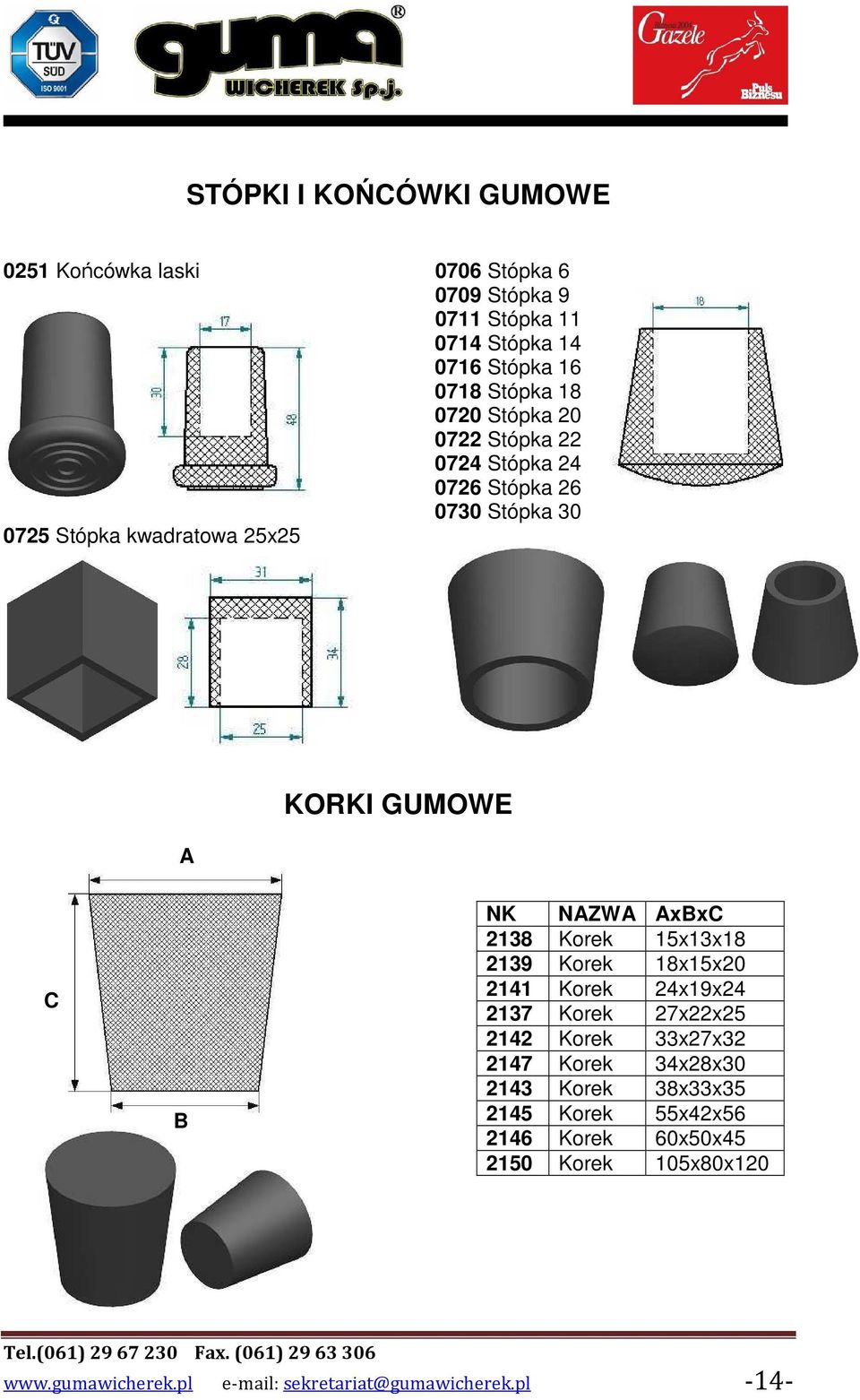 AxBxC 2138 Korek 15x13x18 2139 Korek 18x15x20 2141 Korek 24x19x24 2137 Korek 27x22x25 2142 Korek 33x27x32 2147 Korek 34x28x30 2143