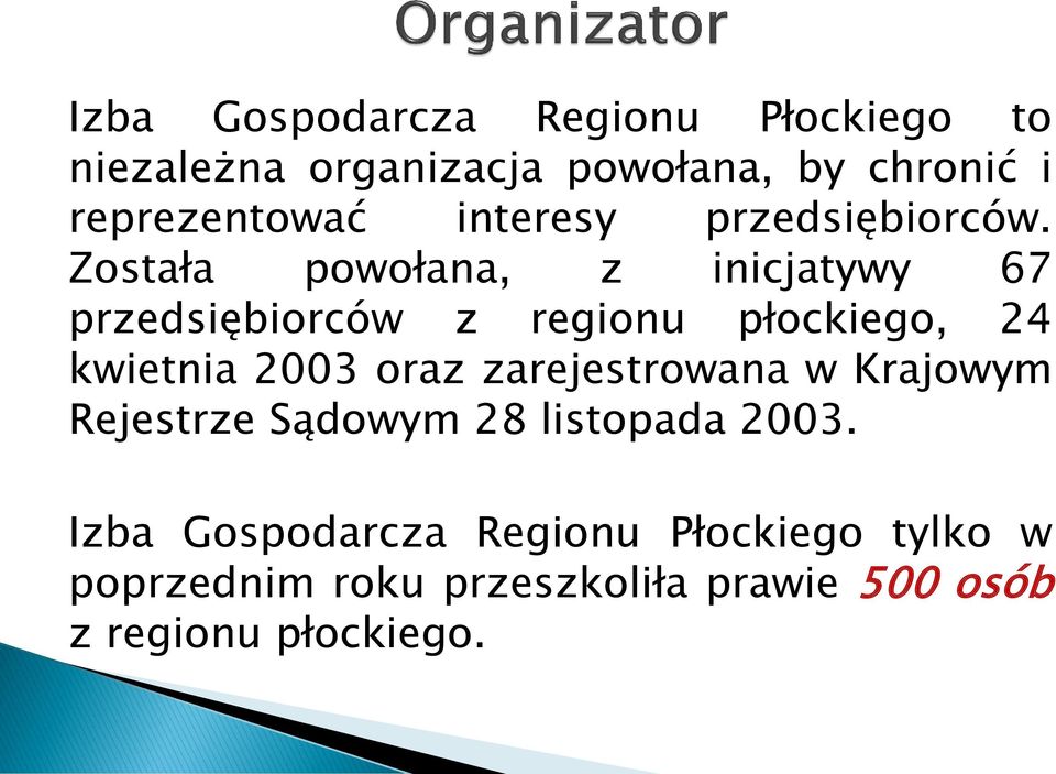 Została powołana, z inicjatywy 67 przedsiębiorców z regionu płockiego, 24 kwietnia 2003 oraz
