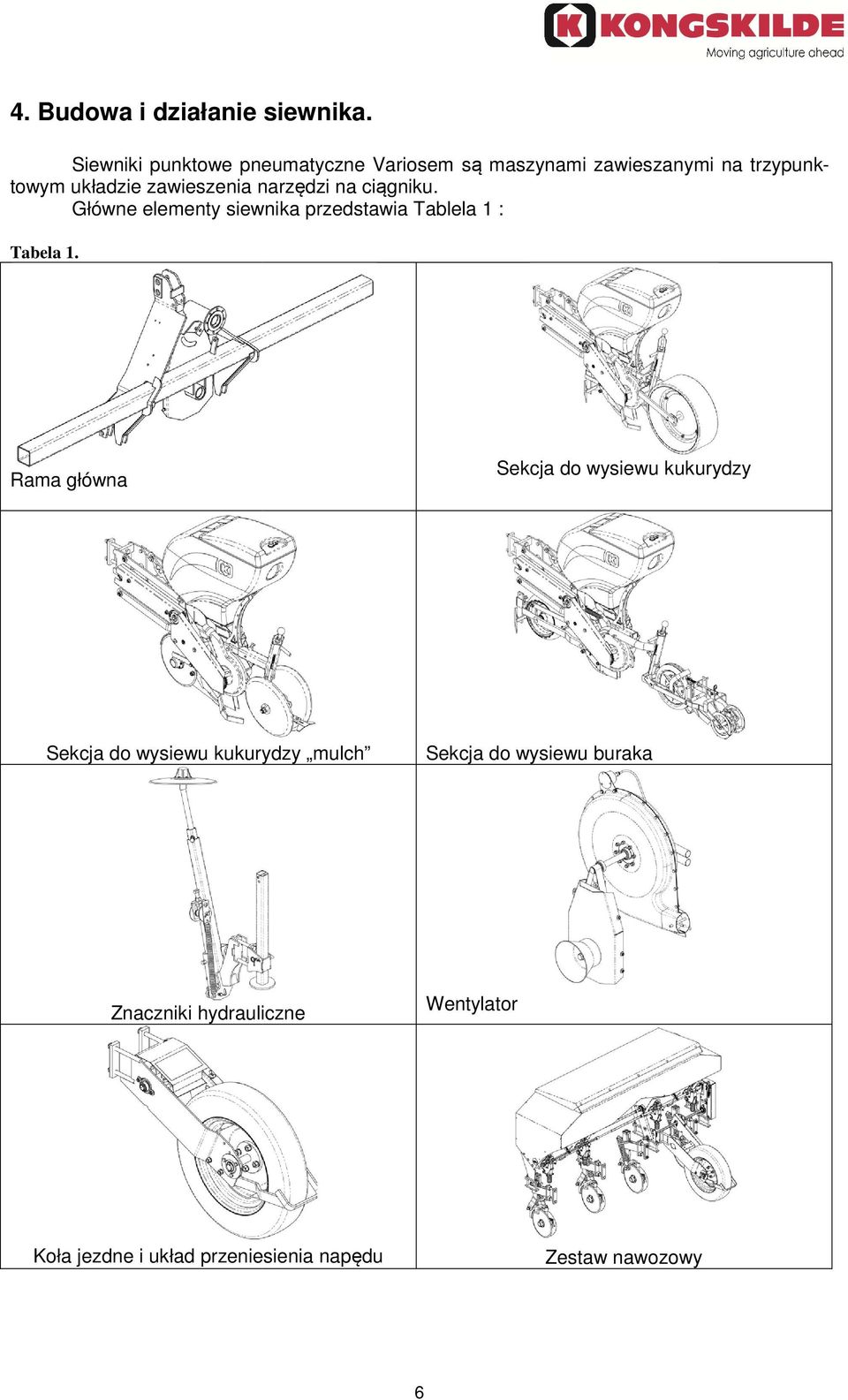 zawieszenia narzędzi na ciągniku. Główne elementy siewnika przedstawia Tablela 1 : Tabela 1.