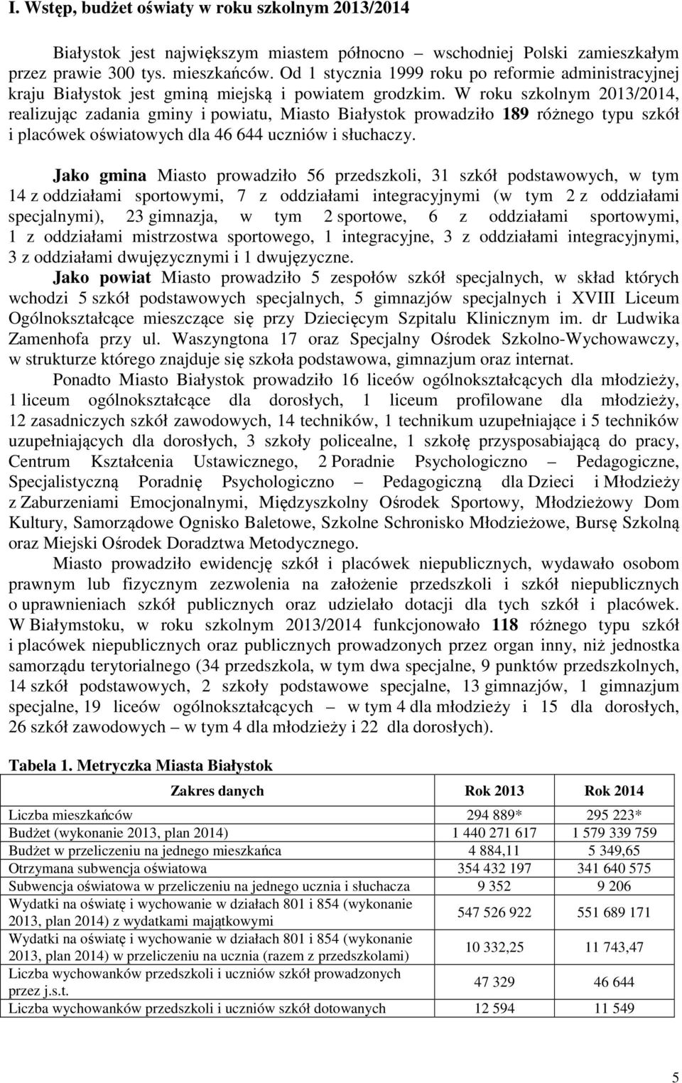 W roku szkolnym 2013/2014, realizując zadania gminy i powiatu, Miasto Białystok prowadziło 189 różnego typu szkół i placówek oświatowych dla 46 644 uczniów i słuchaczy.