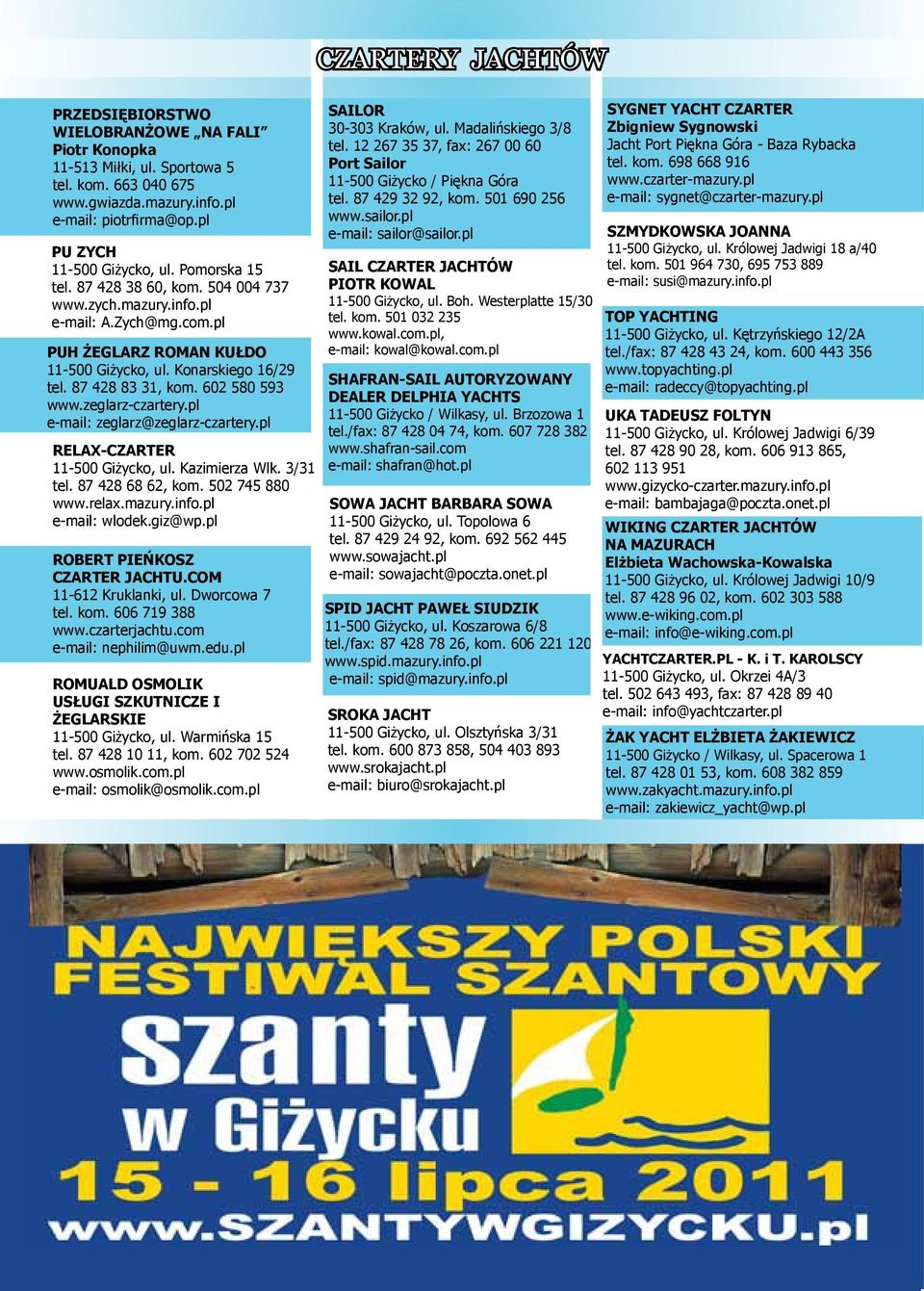 pl e-mail: zeglarz@zeglarz-czartery.pl RELAX-CZARTER 11-500 Giżycko, ul. Kazimierza Wlk. 3/31 tel. 87 428 68 62, kom. 502 745 880 www.relax.mazury.info.pl e-mail: wlodek.giz@wp.