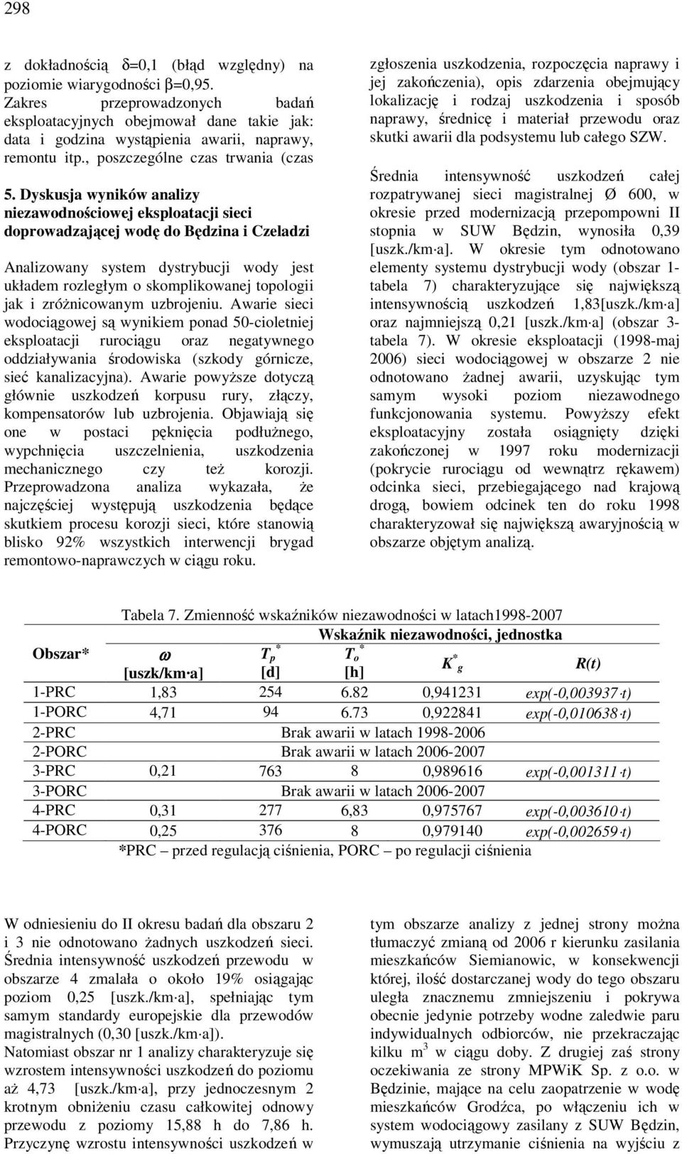 Dyskusja wyników analizy niezawodnościowej eksploatacji sieci doprowadzającej wodę do Będzina i Czeladzi Analizowany system dystrybucji wody jest układem rozległym o skomplikowanej topologii jak i