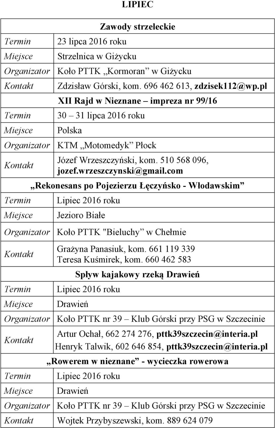 com Rekonesans po Pojezierzu Łęczyńsko - Włodawskim Lipiec 2016 roku Jezioro Białe Koło PTTK "Bieluchy w Chełmie Grażyna Panasiuk, kom.