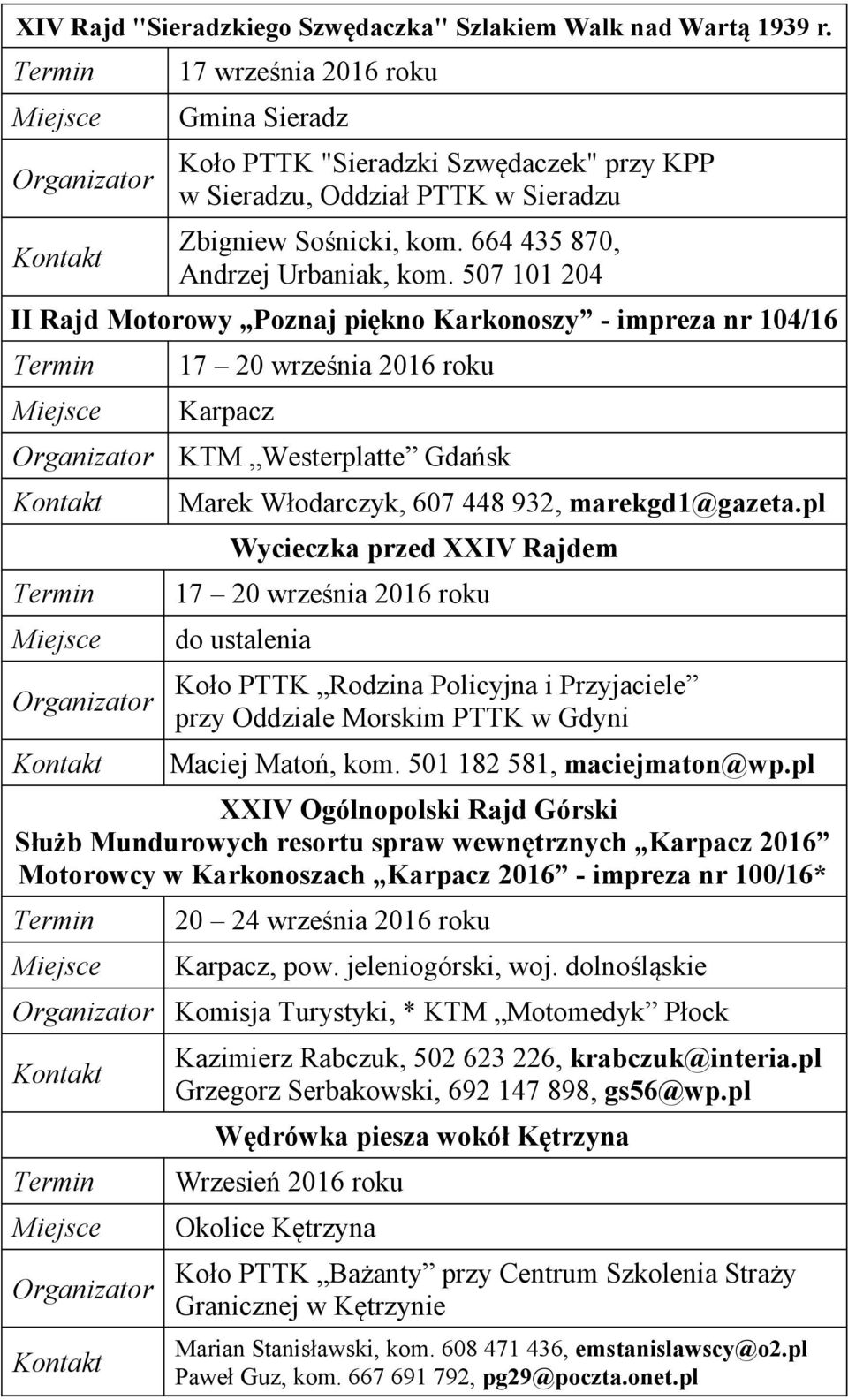 507 101 204 II Rajd Motorowy Poznaj piękno Karkonoszy - impreza nr 104/16 17 20 września 2016 roku Karpacz KTM Westerplatte Gdańsk Marek Włodarczyk, 607 448 932, marekgd1@gazeta.