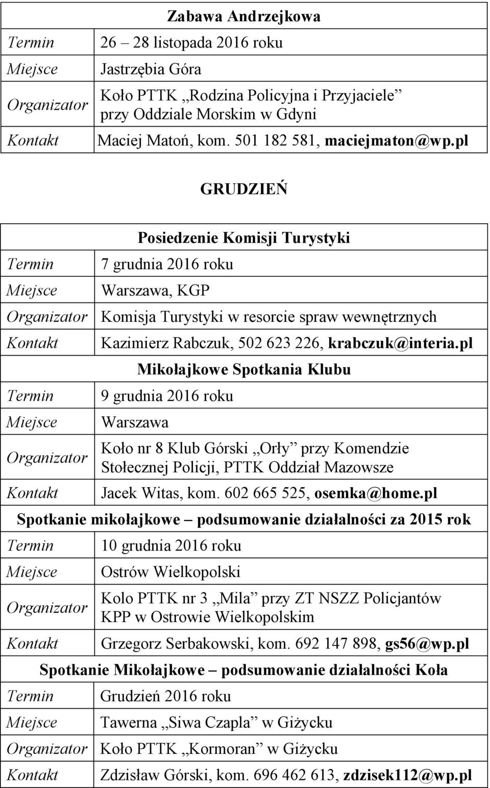 pl Mikołajkowe Spotkania Klubu 9 grudnia 2016 roku Warszawa Koło nr 8 Klub Górski Orły przy Komendzie Stołecznej Policji, PTTK Oddział Mazowsze Jacek Witas, kom. 602 665 525, osemka@home.