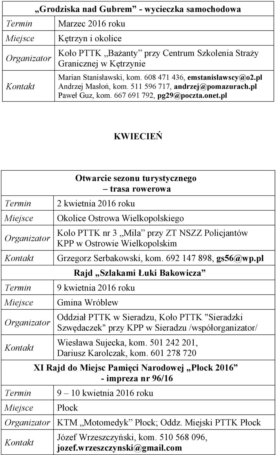 pl KWIECIEŃ Otwarcie sezonu turystycznego trasa rowerowa 2 kwietnia 2016 roku Okolice Ostrowa Wielkopolskiego Rajd Szlakami Łuki Bakowicza 9 kwietnia 2016 roku Gmina Wróblew Oddział PTTK w Sieradzu,