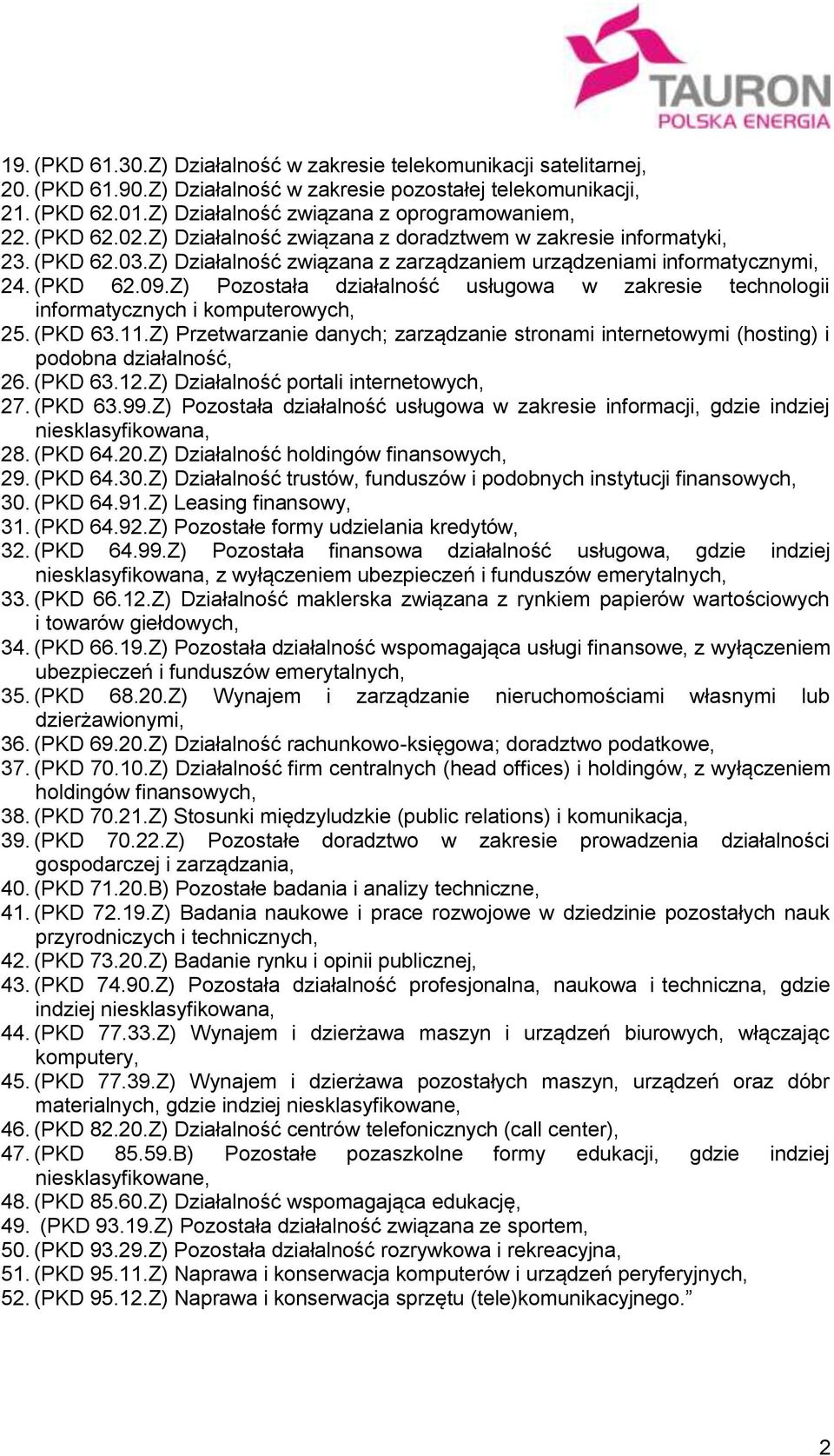 Z) Działalność związana z zarządzaniem urządzeniami informatycznymi, 24. (PKD 62.09.Z) Pozostała działalność usługowa w zakresie technologii informatycznych i komputerowych, 25. (PKD 63.11.